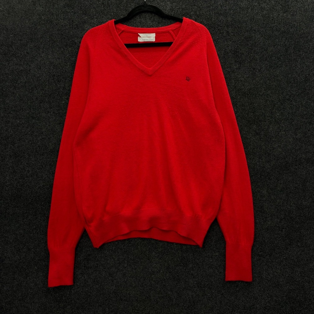 Vintage Christian Dior Mens V-Neck Sweater Red Orlon Acrylic XL Made in USA